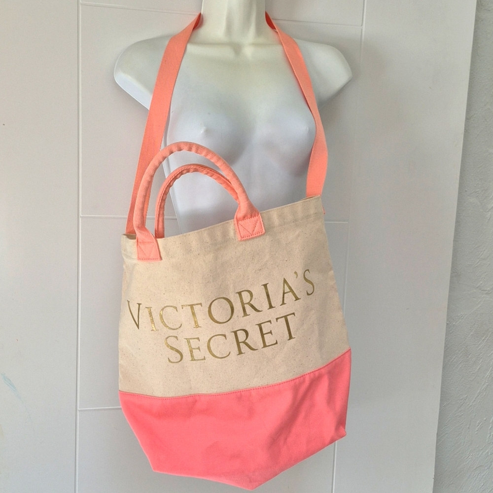 Victoria's Secret Pink Peach Gold Canvas Tote Bag Beach Bag w/ Strap